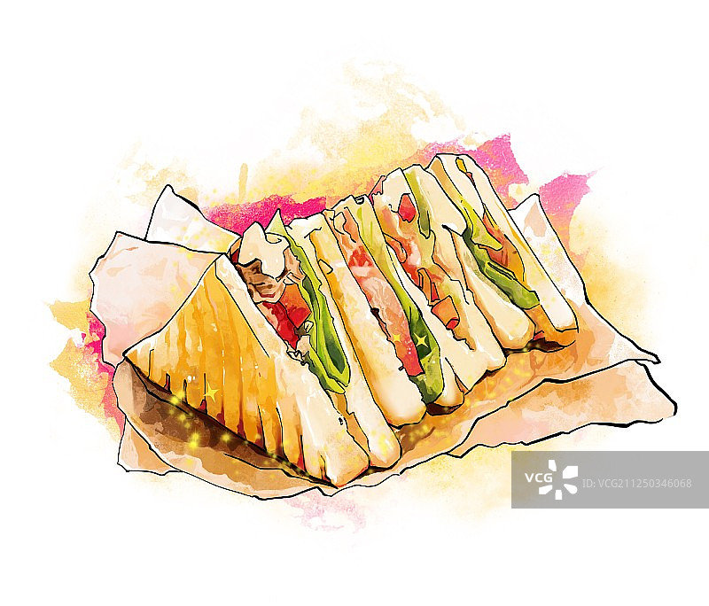 美食手绘插画 西多士 三明治 无字有背景版本素材图片素材