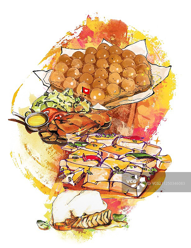 美食手绘插画 鸡蛋仔美食餐厅海报竖版 无字图片素材