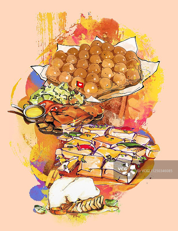 美食手绘插画 鸡蛋仔美食餐厅海报竖版 粉色图片素材