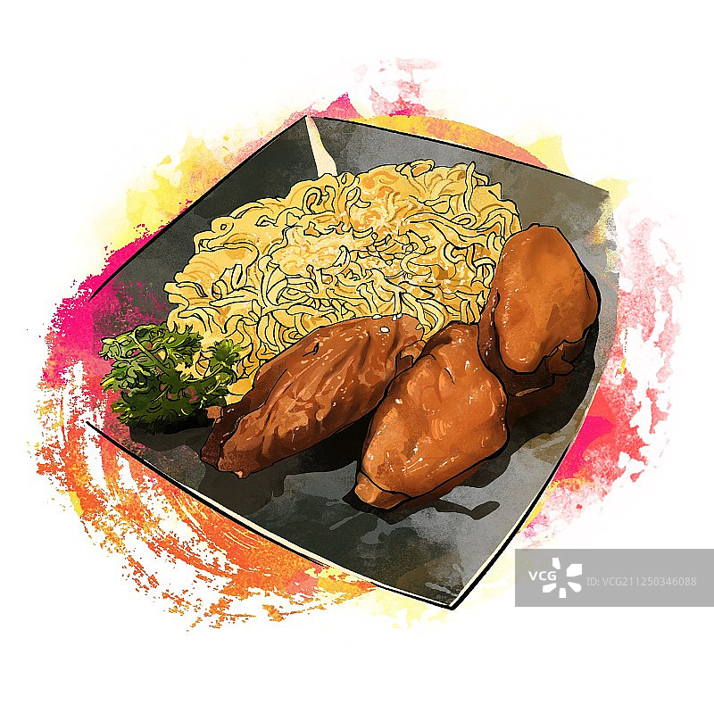 美食手绘插画 鸡翅芝士捞丁 面 泡面 港式 无字有背景图片素材