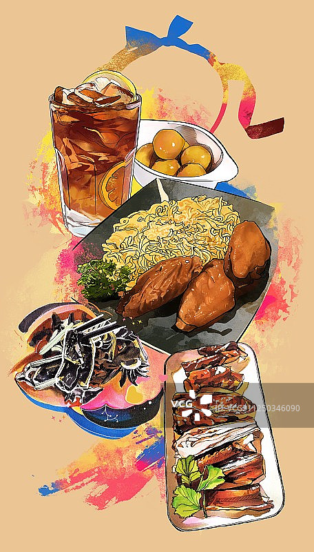 美食手绘插画 鸡翅芝士捞丁 面 海报竖屏背景图片素材