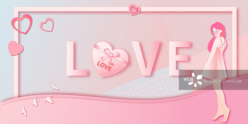 穿着短裙的长发美丽性感少女和粉色方块圆点图形的背景插画图片素材