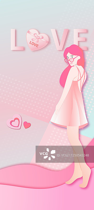 穿着短裙的长发美丽性感少女和粉色方块圆点图形的背景插画图片素材