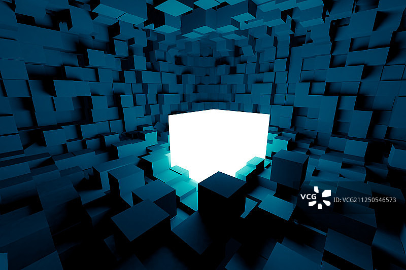蓝色发光方块房间，三维渲染图片素材