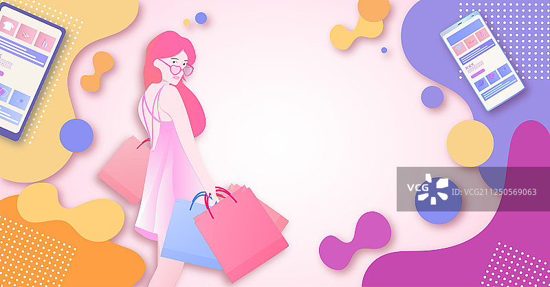 一位美丽时尚的都市少女用手机在网上购物消费的插画背景图片素材