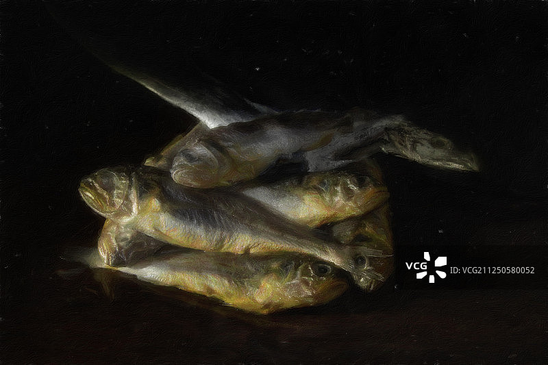 黑色背景下油画风格的几条小黄花鱼图片素材
