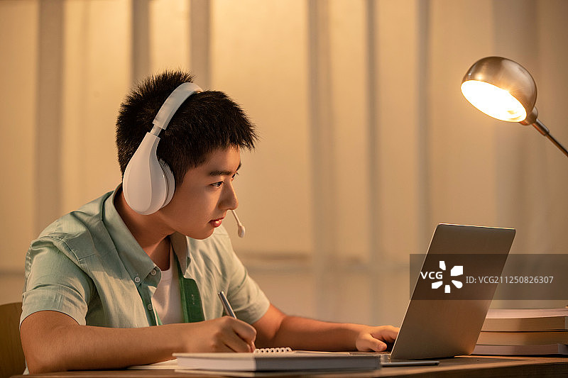 学生看着电脑在线学习图片素材