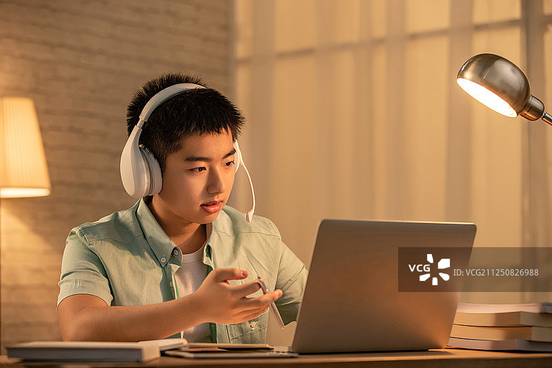 学生看着电脑在线学习图片素材