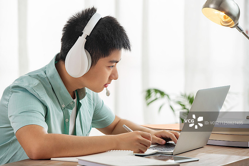 学生看着电脑在线学习图片素材