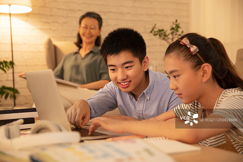 学生看着电脑在线学习图片素材