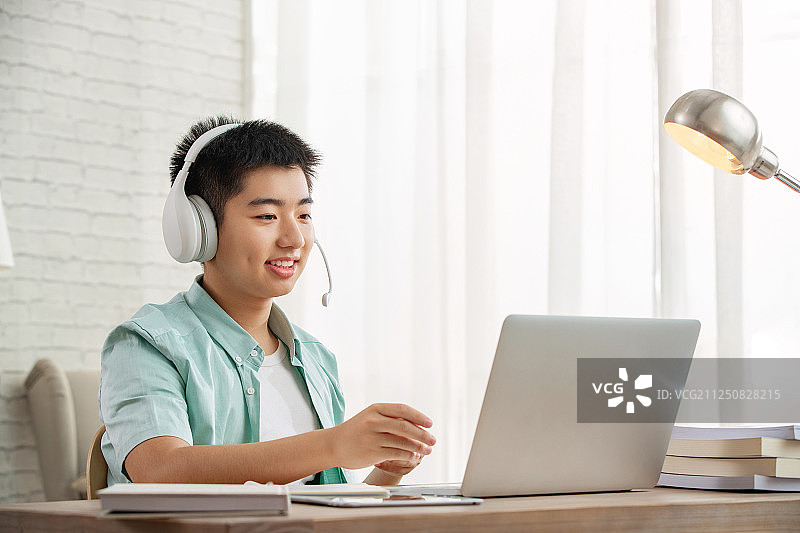 学生看着电脑在线学习图片素材