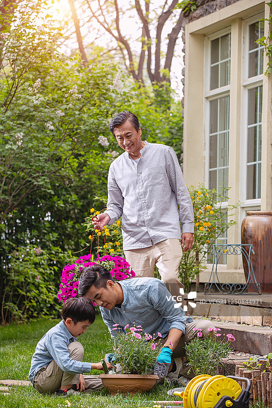祖孙三代在院子里种花图片素材
