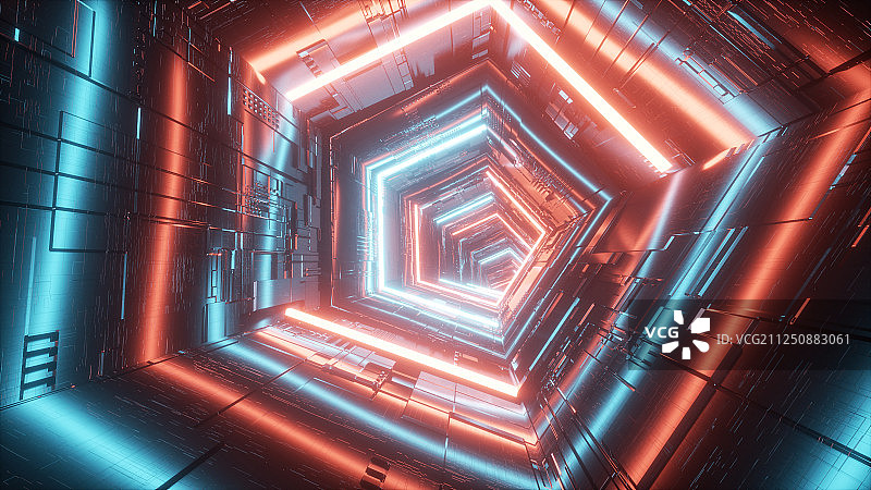 未来科技感的赛博朋克风格的霓虹灯金属通道图片素材