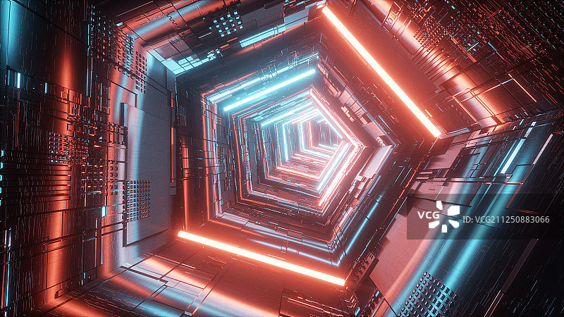 未来科技感的赛博朋克风格的霓虹灯金属通道图片素材