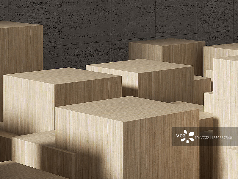 水泥砖块墙面前摆放着的木制立方体展示台素材图片素材