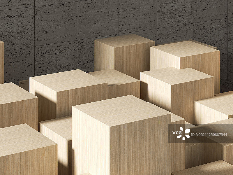 水泥砖块墙面前摆放着的木制立方体展示台素材图片素材