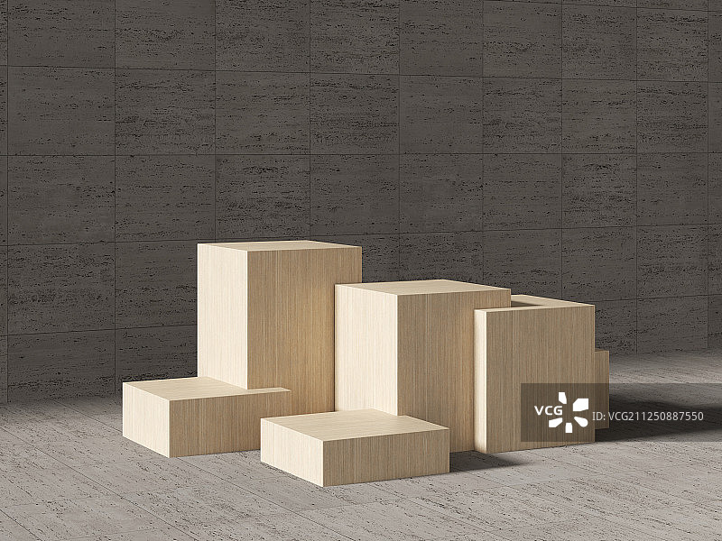 水泥砖块墙面前摆放着的木制立方体展示台素材图片素材