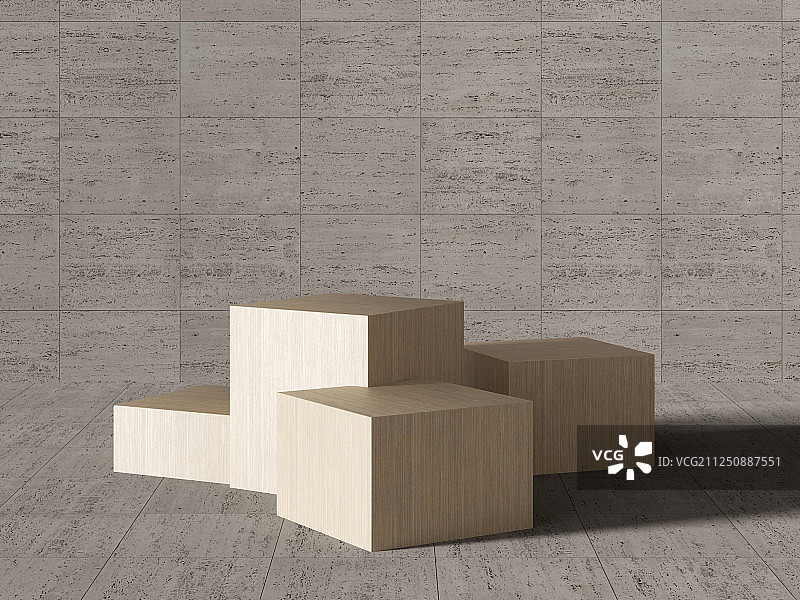 水泥砖块墙面前摆放着的木制立方体展示台素材图片素材