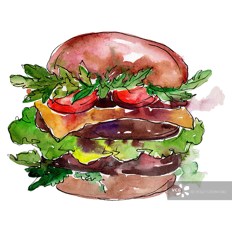 汉堡快餐食品水彩背景插画，独立小吃元素图片素材