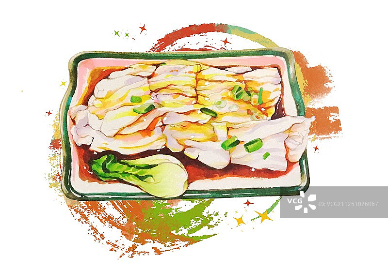 港式广式粤式茶餐厅 传统小吃美食手绘插画 肠粉 无字 有背景图片素材