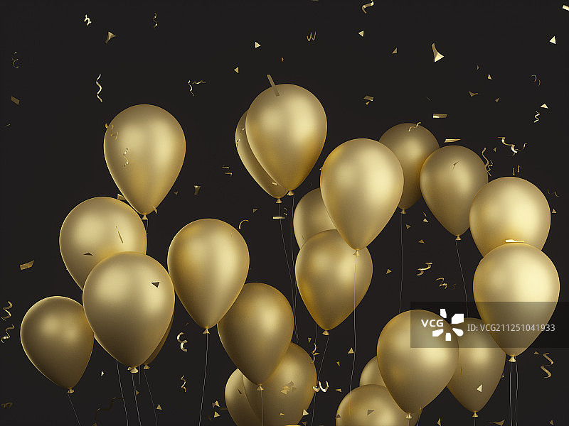节日庆典用的金色的气球漂浮在黑底背景的空中图片素材