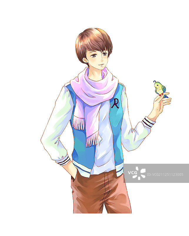 手上站着小鸟的少年图片素材