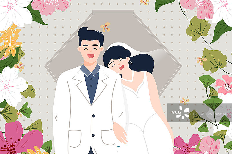 婚礼情侣夫妻结婚照花卉清新扁平插画图片素材
