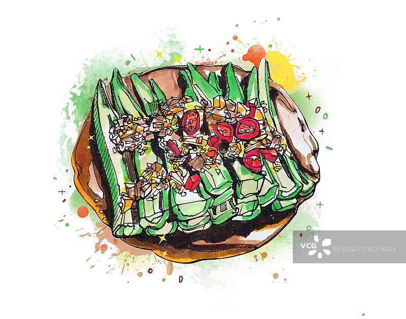 马克笔美食手绘插画  健康蔬菜绿色食品 秋葵 有背景图片素材