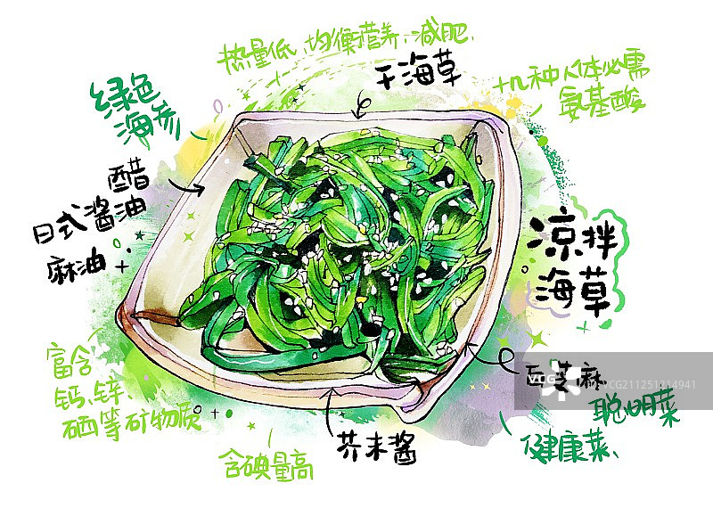 马克笔美食手绘插画  健康蔬菜绿色食品 凉拌海草 完整版图片素材