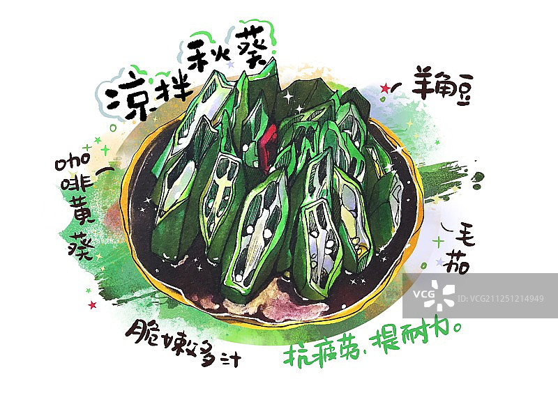 马克笔美食手绘插画  健康蔬菜绿色食品 凉拌秋葵 完整版图片素材