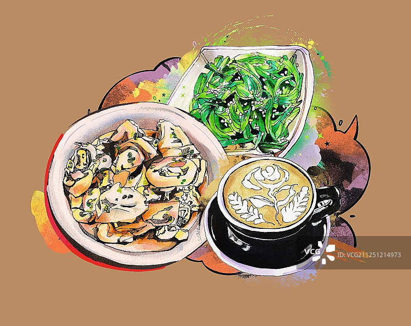 马克笔美食手绘插画  健康蔬菜绿色食品 套餐海报 海草咖啡套图片素材