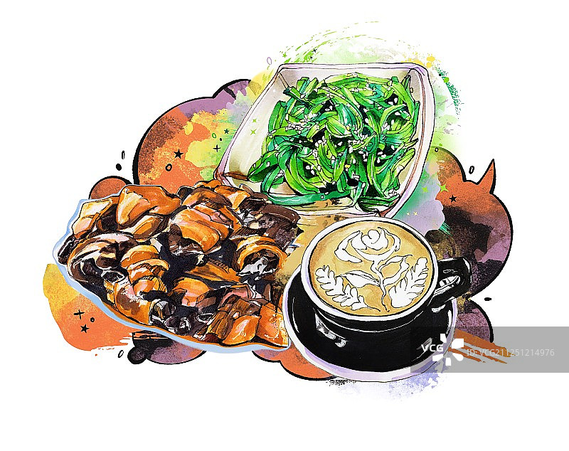 马克笔美食手绘插画  健康蔬菜绿色食品 套餐海报 海草咖啡肉图片素材