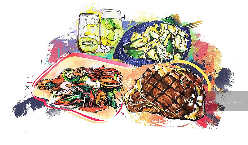 马克笔美食手绘插画  健康蔬菜绿色食品 套餐海报 客家牛排1图片素材