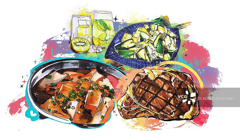 豆腐美食手绘插画  健康蔬菜绿色食品 套餐海报 客家 牛排图片素材