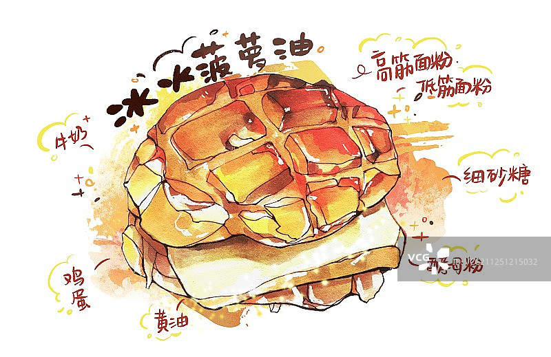 马克笔美食手绘插画 港式广式粤式茶餐厅 冰火菠萝包 完整图片素材