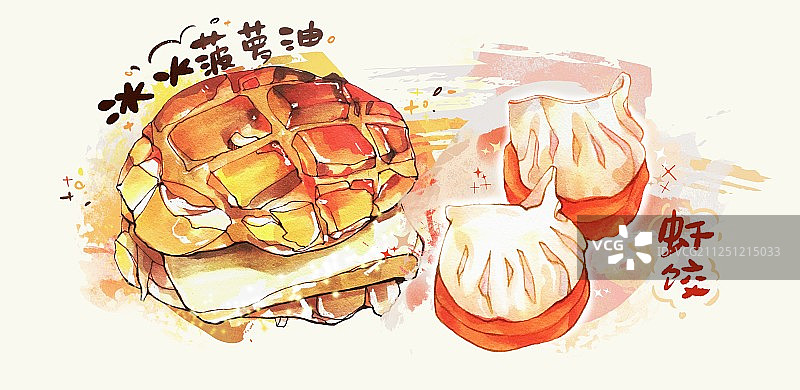 美食手绘插画 港式广式粤式茶餐厅 冰火菠萝油 菠萝包 横幅图片素材