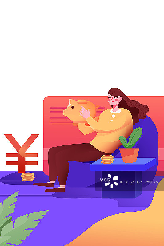 卡通手绘金融扁平插画女人储蓄存钱猪插画图片素材