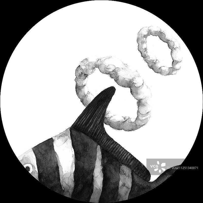 水彩手绘圆形图白背景黑白稿创意鱼类图片素材