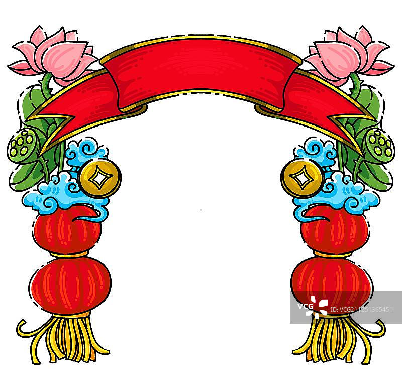 祥云金币红灯笼红彩带免扣插画元素图片素材