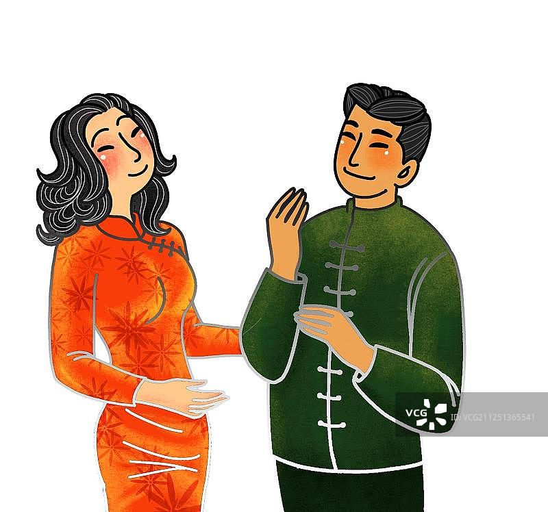 穿着传统服饰的女子旗袍和男子中山装免扣插画元素图片素材