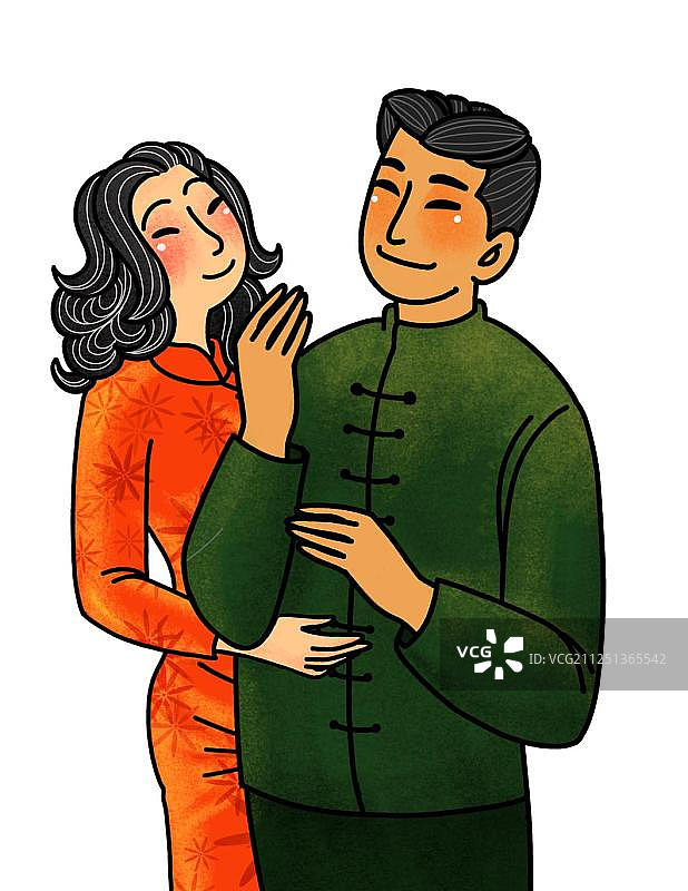 穿着传统服饰的女子旗袍和男子中山装免扣插画元素图片素材