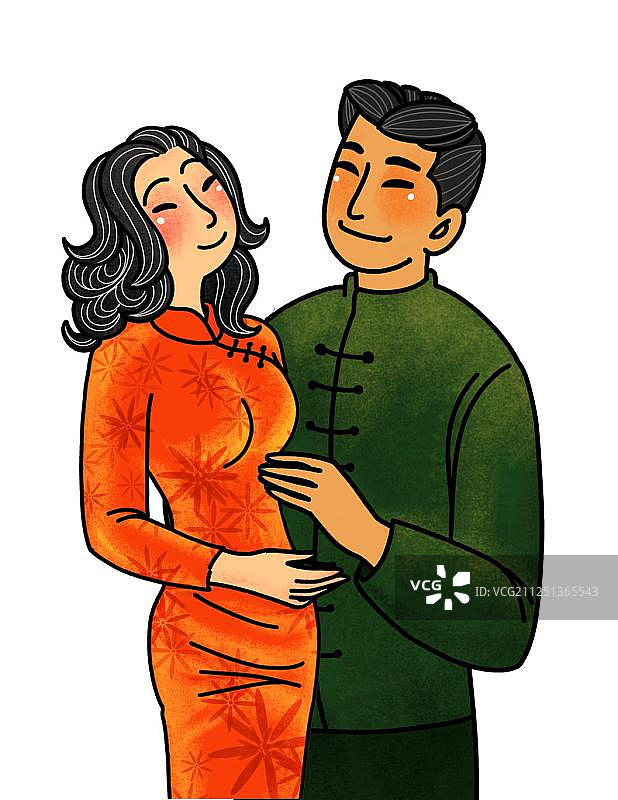穿着传统服饰的女子旗袍和男子中山装扣插画元素图片素材