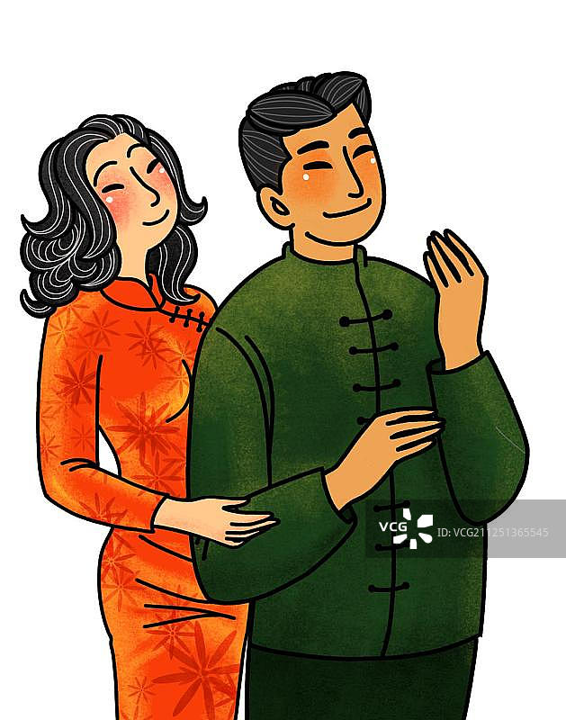 穿着传统服饰的女子旗袍和男子中山装扣插画元素图片素材