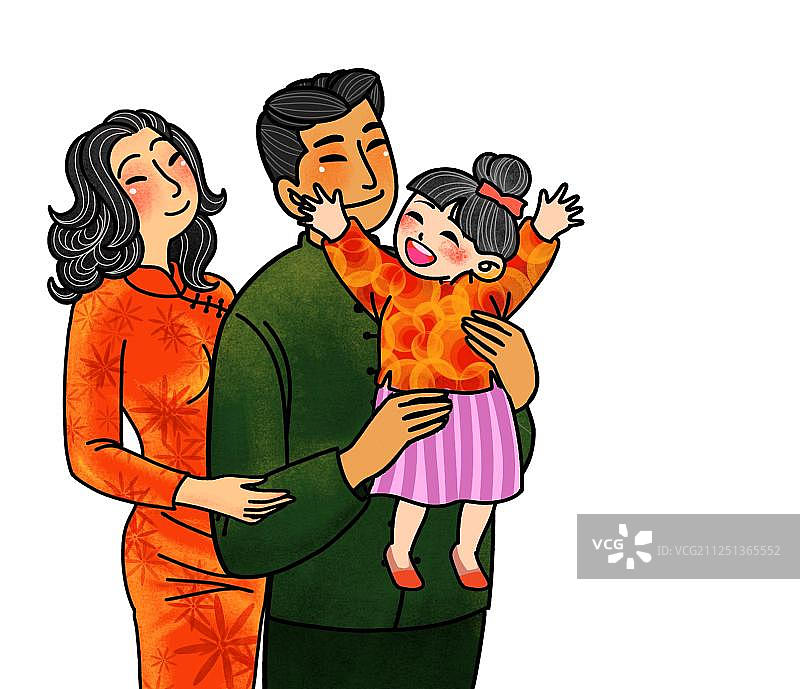 穿着传统服饰中山装旗袍的一家三口免扣插画元素图片素材