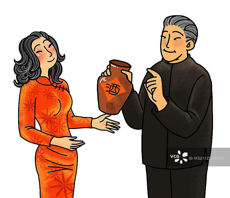 穿着传统服饰中山装男子和女子黄酒旗袍免扣插画元素图片素材