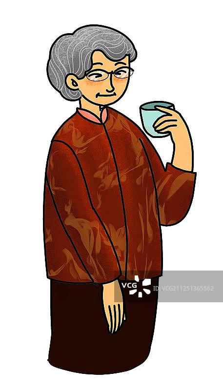 穿着传统服饰中山装老人品黄酒免扣插画元素图片素材