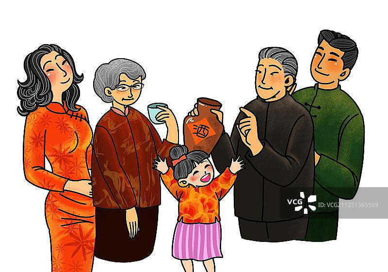 穿着传统服饰中山装老人品黄酒旗袍免扣插画元素图片素材