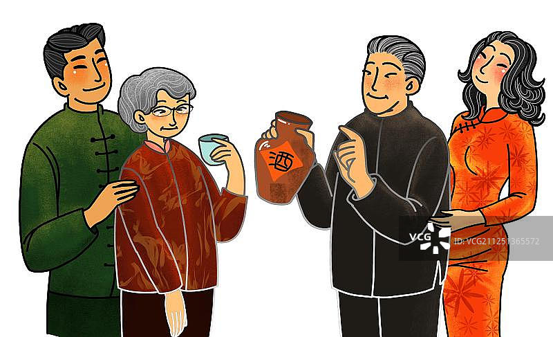 穿着传统服饰中山装老人品黄酒旗袍免扣插画元素图片素材