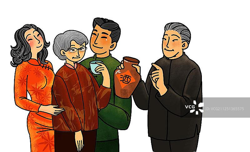 穿着传统服饰中山装老人品黄酒旗袍免扣插画元素图片素材