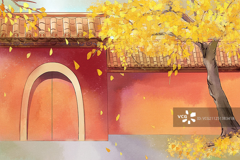 中国风二十四节气插画秋天的宫墙银杏树图片素材